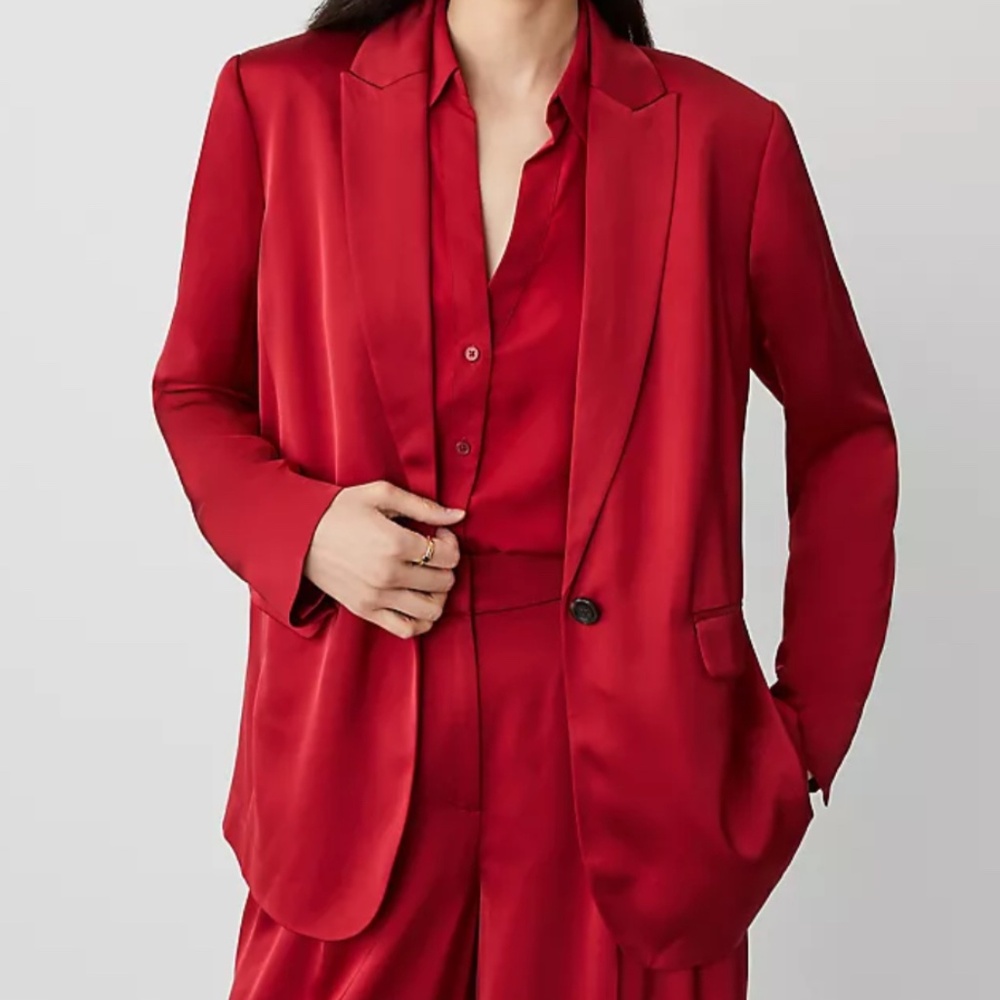 Ann Taylor The Longline Blazer in Satin Gingham Red size 2